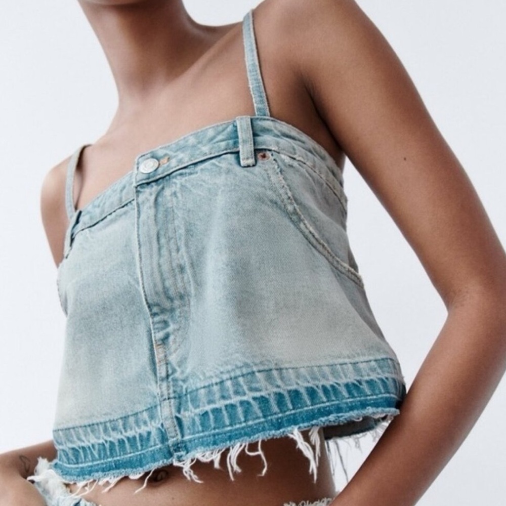 ZARA Skirt Effect Cropped Denim Spaghetti Straps Jean Tank Top